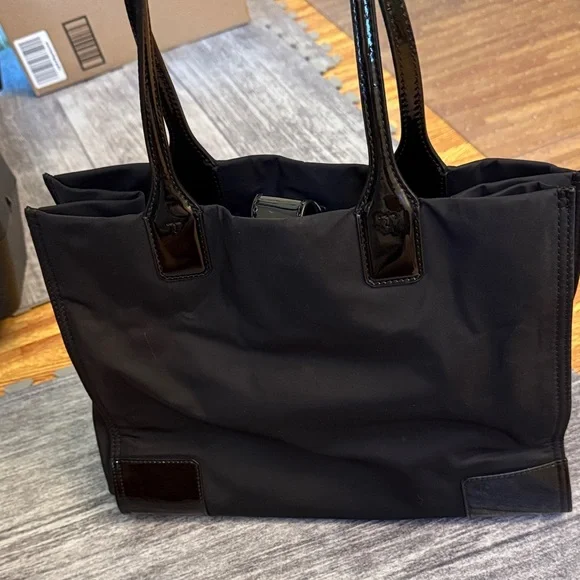 Tory Burch Mini Ella Black Patent Leather Trim Tote - Picture 3 of 11